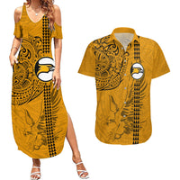 Nanakuli High and Intermediate School Couples Matching Summer Maxi Dress and Hawaiian Shirt Tribal Kakau Pattern LT03 Yellow - Polynesian Pride