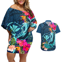 Hawaii Couples Matching Off Shoulder Short Dress and Hawaiian Shirt Whale Mix Hibiscus and Kanaka Maoli Blue Version LT03 Blue - Polynesian Pride
