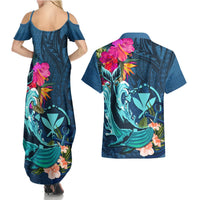 Hawaii Couples Matching Summer Maxi Dress and Hawaiian Shirt Whale Mix Hibiscus and Kanaka Maoli Blue Version LT03 - Polynesian Pride