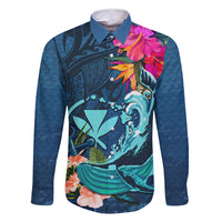 Hawaii Family Matching Long Sleeve Bodycon Dress and Hawaiian Shirt Whale Mix Hibiscus and Kanaka Maoli Blue Version LT03 Dad's Shirt - Long Sleeve Blue - Polynesian Pride