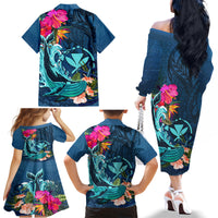 Hawaii Family Matching Off Shoulder Long Sleeve Dress and Hawaiian Shirt Whale Mix Hibiscus and Kanaka Maoli Blue Version LT03 - Polynesian Pride