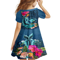 Hawaii Kid Short Sleeve Dress Whale Mix Hibiscus and Kanaka Maoli Blue Version LT03 - Polynesian Pride
