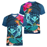 Hawaii Women V Neck T Shirt Whale Mix Hibiscus and Kanaka Maoli Blue Version LT03 - Polynesian Pride