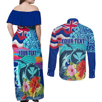 Hawaii Race For Whales Couples Matching Off Shoulder Maxi Dress and Long Sleeve Button Shirt Flag and Polynesian Hibiscus LT03 - Polynesian Pride