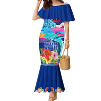 Hawaii Race For Whales Family Matching Mermaid Dress and Hawaiian Shirt Flag and Polynesian Hibiscus LT03 Mom's Dress Blue - Polynesian Pride