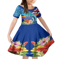 Hawaii Race For Whales Family Matching Summer Maxi Dress and Hawaiian Shirt Flag and Polynesian Hibiscus LT03 Daughter's Dress Blue - Polynesian Pride