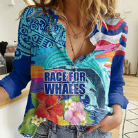 Hawaii Race For Whales Women Casual Shirt Flag and Polynesian Hibiscus LT03 Female Blue - Polynesian Pride