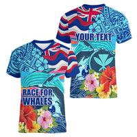 Hawaii Race For Whales Women V Neck T Shirt Flag and Polynesian Hibiscus LT03 - Polynesian Pride