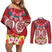 Polynesian Valentine Day Couples Matching Off Shoulder Short Dress and Long Sleeve Button Shirt Love Couple Turtle Maori Hibiscus Red Style LT03 Red - Polynesian Pride