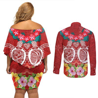Polynesian Valentine Day Couples Matching Off Shoulder Short Dress and Long Sleeve Button Shirt Love Couple Turtle Maori Hibiscus Red Style LT03 - Polynesian Pride