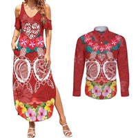 Polynesian Valentine Day Couples Matching Summer Maxi Dress and Long Sleeve Button Shirt Love Couple Turtle Maori Hibiscus Red Style LT03 Red - Polynesian Pride