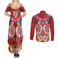 Polynesian Valentine Day Couples Matching Summer Maxi Dress and Long Sleeve Button Shirt Love Couple Turtle Maori Hibiscus Red Style LT03 - Polynesian Pride