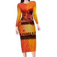 Australia and New Zealand ANZAC Day Long Sleeve Bodycon Dress Soldiers Memories - Red Poppies with Aboriginal and Maori Art LT03 Long Dress Orange-Yellow - Polynesian Pride