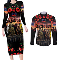 Australia and New Zealand ANZAC Day Couples Matching Long Sleeve Bodycon Dress and Long Sleeve Button Shirt Kangaroo and Kiwi Bird Soldier - Forever in My Thoughts LT03 Black - Polynesian Pride