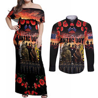Australia and New Zealand ANZAC Day Couples Matching Off Shoulder Maxi Dress and Long Sleeve Button Shirt Kangaroo and Kiwi Bird Soldier - Forever in My Thoughts LT03 Black - Polynesian Pride