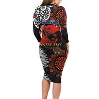 Australia and New Zealand ANZAC Day Long Sleeve Bodycon Dress Aboriginal and Maori Art Pattern - Gallipoli Lest We Forget LT03 - Polynesian Pride