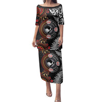 Australia and New Zealand Together Family Matching Puletasi and Hawaiian Shirt Aboriginal and Maori Art Tattoo LT03 Mom's Dress Black - Polynesian Pride