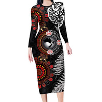 Australia and New Zealand Together Long Sleeve Bodycon Dress Aboriginal and Maori Art Tattoo LT03 Long Dress Black - Polynesian Pride