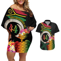 Vanuatu Selebretem 44th Indipendens Dei Couples Matching Off Shoulder Short Dress and Hawaiian Shirt Sand Drawing Turtle Melanesian Vibes LT03 Black - Polynesian Pride