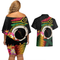 Vanuatu Selebretem 44th Indipendens Dei Couples Matching Off Shoulder Short Dress and Hawaiian Shirt Sand Drawing Turtle Melanesian Vibes LT03 - Polynesian Pride
