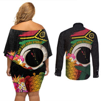 Vanuatu Selebretem 44th Indipendens Dei Couples Matching Off Shoulder Short Dress and Long Sleeve Button Shirt Sand Drawing Turtle Melanesian Vibes