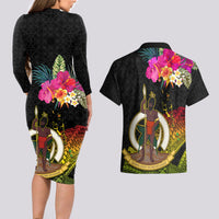 Vanuatu Ni-Van Couples Matching Long Sleeve Bodycon Dress and Hawaiian Shirt Coat of Arms Sand Drawing LT03 - Polynesian Pride