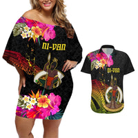 Vanuatu Ni-Van Couples Matching Off Shoulder Short Dress and Hawaiian Shirt Coat of Arms Sand Drawing LT03 Black - Polynesian Pride