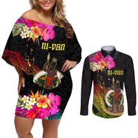 Vanuatu Ni-Van Couples Matching Off Shoulder Short Dress and Long Sleeve Button Shirt Coat of Arms Sand Drawing LT03 Black - Polynesian Pride