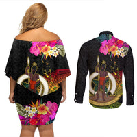 Vanuatu Ni-Van Couples Matching Off Shoulder Short Dress and Long Sleeve Button Shirt Coat of Arms Sand Drawing LT03 - Polynesian Pride