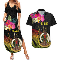 Vanuatu Ni-Van Couples Matching Summer Maxi Dress and Hawaiian Shirt Coat of Arms Sand Drawing LT03 Black - Polynesian Pride