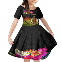 Vanuatu Ni-Van Family Matching Short Sleeve Bodycon Dress and Hawaiian Shirt Coat of Arms Sand Drawing LT03 Daughter's Dress Black - Polynesian Pride
