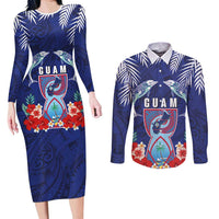 Guam Liberation Day Couples Matching Long Sleeve Bodycon Dress and Long Sleeve Button Shirt The Tribal Latte Stone and Dolphins with Hibiscus Chamorro Culture LT03 Blue - Polynesian Pride