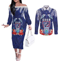Guam Liberation Day Couples Matching Off The Shoulder Long Sleeve Dress and Long Sleeve Button Shirt The Tribal Latte Stone and Dolphins with Hibiscus Chamorro Culture LT03 Blue - Polynesian Pride