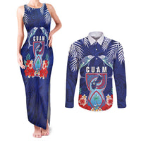 Guam Liberation Day Couples Matching Tank Maxi Dress and Long Sleeve Button Shirt The Tribal Latte Stone and Dolphins with Hibiscus Chamorro Culture LT03 Blue - Polynesian Pride