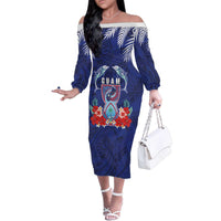 Guam Liberation Day Family Matching Off The Shoulder Long Sleeve Dress and Hawaiian Shirt The Tribal Latte Stone and Dolphins with Hibiscus Chamorro Culture