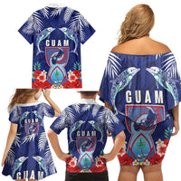 Guam Liberation Day Family Matching Off Shoulder Short Dress and Hawaiian Shirt The Tribal Latte Stone and Dolphins with Hibiscus Chamorro Culture