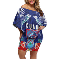 Guam Liberation Day Family Matching Off Shoulder Short Dress and Hawaiian Shirt The Tribal Latte Stone and Dolphins with Hibiscus Chamorro Culture