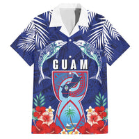 Guam Liberation Day Family Matching Puletasi and Hawaiian Shirt The Tribal Latte Stone and Dolphins with Hibiscus Chamorro Culture LT03 Dad's Shirt - Short Sleeve Blue - Polynesian Pride