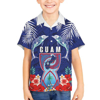 Guam Liberation Day Family Matching Puletasi and Hawaiian Shirt The Tribal Latte Stone and Dolphins with Hibiscus Chamorro Culture LT03 Son's Shirt Blue - Polynesian Pride