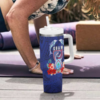 Guam Liberation Day Tumbler With Handle The Tribal Latte Stone and Dolphins with Hibiscus Chamorro Culture