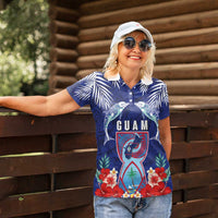 Guam Liberation Day Women Polo Shirt The Tribal Latte Stone and Dolphins with Hibiscus Chamorro Culture LT03 - Polynesian Pride