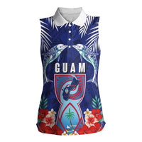 Guam Liberation Day Women Sleeveless Polo Shirt The Tribal Latte Stone and Dolphins with Hibiscus Chamorro Culture LT03 Female Blue - Polynesian Pride