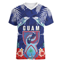 Guam Liberation Day Women V-Neck T-Shirt The Tribal Latte Stone and Dolphins with Hibiscus Chamorro Culture LT03 Female Blue - Polynesian Pride