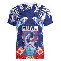 Guam Liberation Day Women V-Neck T-Shirt The Tribal Latte Stone and Dolphins with Hibiscus Chamorro Culture LT03 - Polynesian Pride