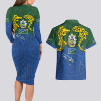 Solomon Islands Couples Matching Long Sleeve Bodycon Dress and Hawaiian Shirt The Guardians-Tribal Crocodile and Shark Melanesian Tattoo LT03 - Polynesian Pride