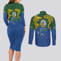Solomon Islands Couples Matching Long Sleeve Bodycon Dress and Long Sleeve Button Shirt The Guardians-Tribal Crocodile and Shark Melanesian Tattoo