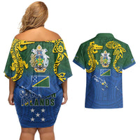 Solomon Islands Couples Matching Off Shoulder Short Dress and Hawaiian Shirt The Guardians-Tribal Crocodile and Shark Melanesian Tattoo LT03 - Polynesian Pride
