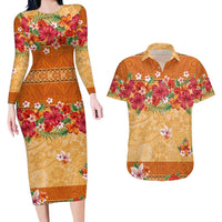 Hawaii Hibiscus Couples Matching Long Sleeve Bodycon Dress and Hawaiian Shirt Turtles and Tribal Motifs Vintage Floral Style