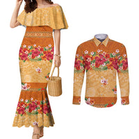 Hawaii Hibiscus Couples Matching Mermaid Dress and Long Sleeve Button Shirt Turtles and Tribal Motifs Vintage Floral Style