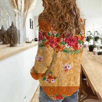 Hawaii Hibiscus Women Casual Shirt Turtles and Tribal Motifs Vintage Floral Style